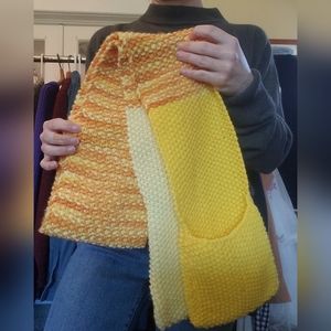Vintage Handmade Knit Scarf With Mitten Pockets 70s Orange Yellow